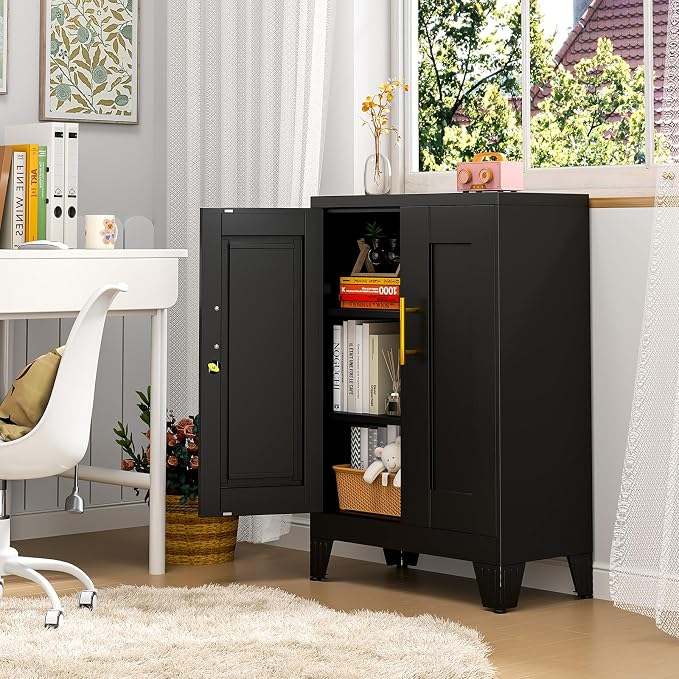 pozdeg 35.43" Lockable Metal Storage Cabinet, Steel Locker File Cabinet with 2 Doors ＆ 2 Adjustable Shelves, Multi-Purpose Organizer for Home, Office File Storage & Garage Locker (Black)