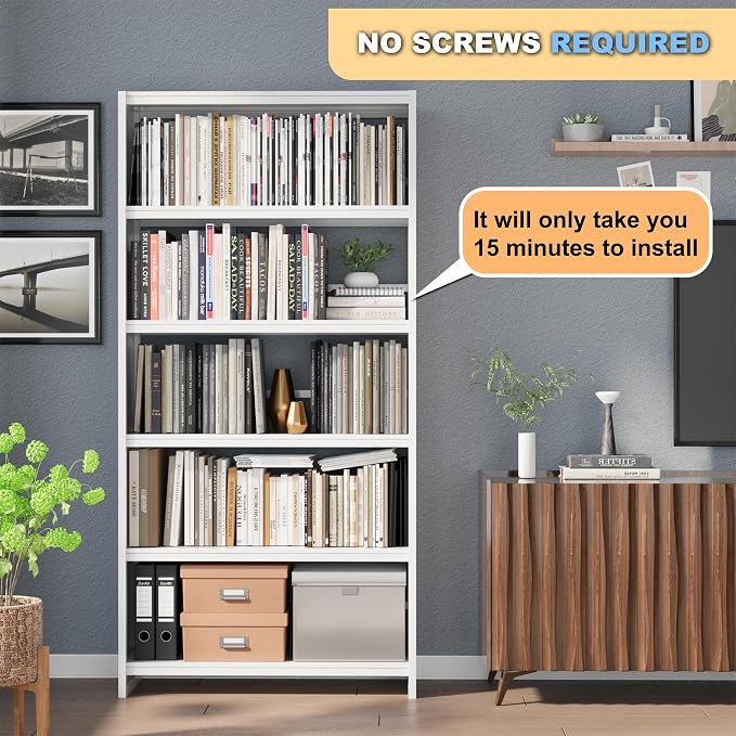 OSEILLC Bookshelf, 69" Tall White Bookshelf with 5 Storage Shelves, Large Metal Bookshelves, 5 Tier Sturdy Bookcase for Living Room, Library, Office, Bedroom, Including Book Stopper,Simple Assembly