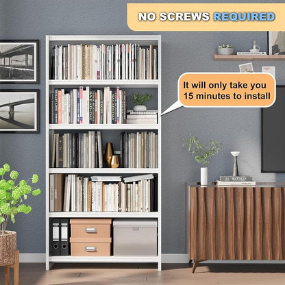 OSEILLC Bookshelf, 69" Tall White Bookshelf with 5 Storage Shelves, Large Metal Bookshelves, 5 Tier Sturdy Bookcase for Living Room, Library, Office, Bedroom, Including Book Stopper,Simple Assembly
