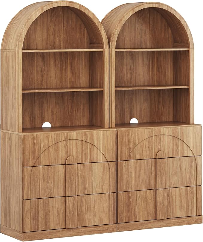BELLEZE Set of 2 71" Tall Storage Cabinet with 3 Drawers, Wooden Sideboard Buffet Cabinet with Hutch for Pantry and Kitchen Organizing, 5-Tier Modern Storage Unit for Living Room Home Office, Camel