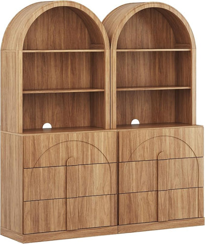 BELLEZE Set of 2 71" Tall Storage Cabinet with 3 Drawers, Wooden Sideboard Buffet Cabinet with Hutch for Pantry and Kitchen Organizing, 5-Tier Modern Storage Unit for Living Room Home Office, Camel