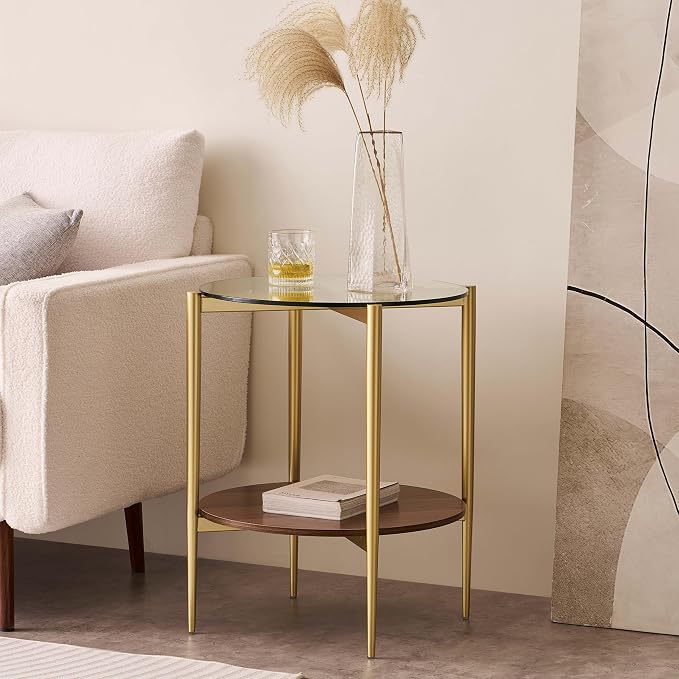 LumFurn Round Glass End Table, Mid-Century Modern Design Sofa Table for Living Room, D18 x H23, 2-Tier Structure, Clear Glass Top and Walnut Shelf, Sleek Conical Legs with Gold Finish Frame