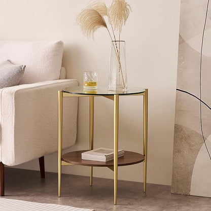 LumFurn Round Glass End Table, Mid-Century Modern Design Sofa Table for Living Room, D18 x H23, 2-Tier Structure, Clear Glass Top and Walnut Shelf, Sleek Conical Legs with Gold Finish Frame