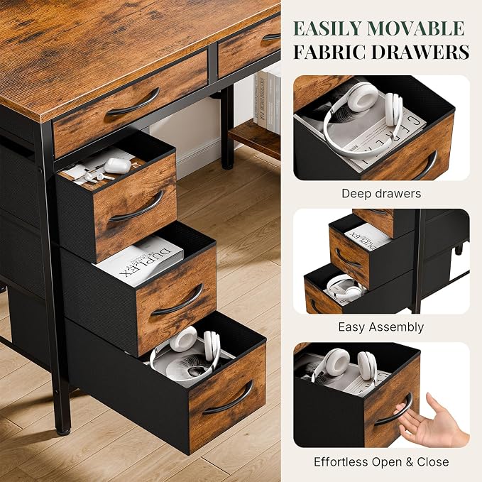 55" Computer Desk with 6 Drawers, Home Office Gaming Desks with Storage Shelves for Bedroom, Writing Study Corner Living Room Work Table Brown