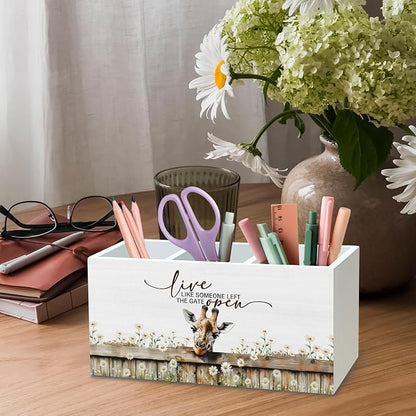 DILSJ Giraffe Inspirational Pen Pencil Holder Organizer For Desk, Giraffe Gifts, Rustic Floral Live Like Someone Left The Gate Open Wooden Box Signs For Home Office Desk Tabletop Decoration