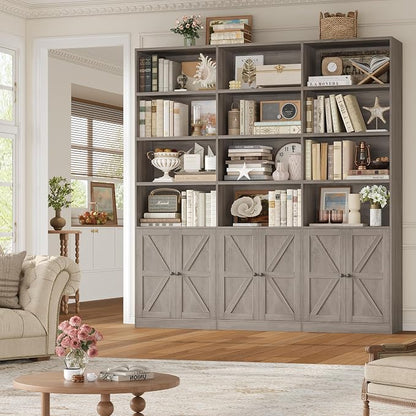 FACBOTALL 75" Triple Wide Bookshelf, Bookshelf and Bookcase with 6 Farmhouse Doors, 71" Wide 6 Tier Book Shelf with 18 Storage Shelves, Large Wooden Bookshelves, Tall Bookcase for Home Office, Gray