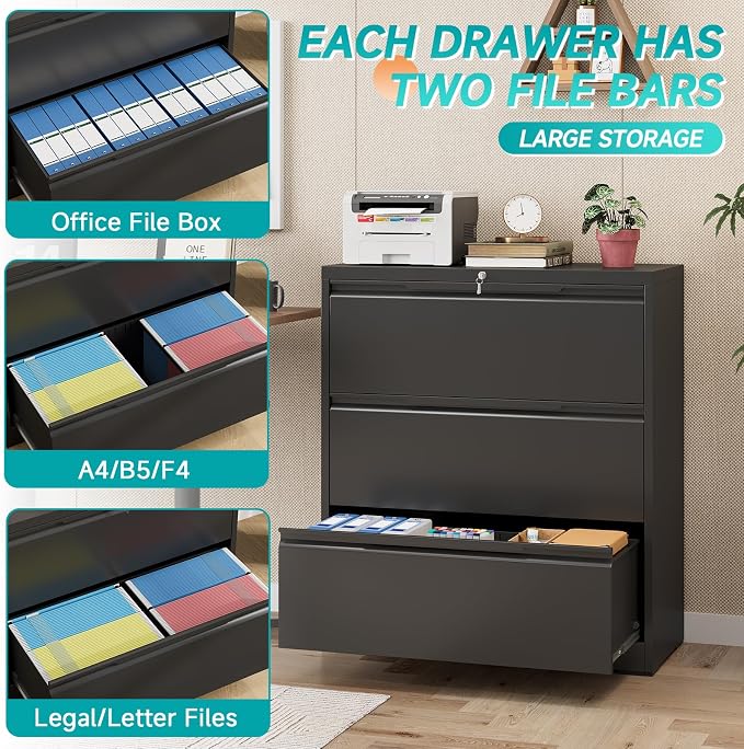 3 Drawer Lateral File Cabinet with Lock, Heavy-Duty Metal Filing Cabinet for Home Office, Steel Storage Compatible with Hanging Files Letter/Legal/F4/A4 Sizes, Black