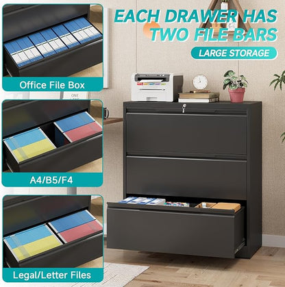 3 Drawer Lateral File Cabinet with Lock, Heavy-Duty Metal Filing Cabinet for Home Office, Steel Storage Compatible with Hanging Files Letter/Legal/F4/A4 Sizes, Black