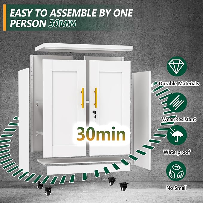 winiowa Tall Metal Storage Cabinet with Lock, Locking File Cabinet with 2 Doors and 2 Adjustable Shelves, White Lockable Organizer for Home Office Garage（23.6" W）