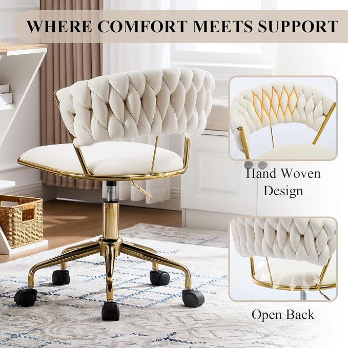 NIOIIKIT Home Office Chair, Velvet Upholstered Task Chair with Woven Open Back, 360° Swivel Desk Chair with Wheels, Adjustable Vanity Chair, Computer Chair for Office, Studio (Beige)