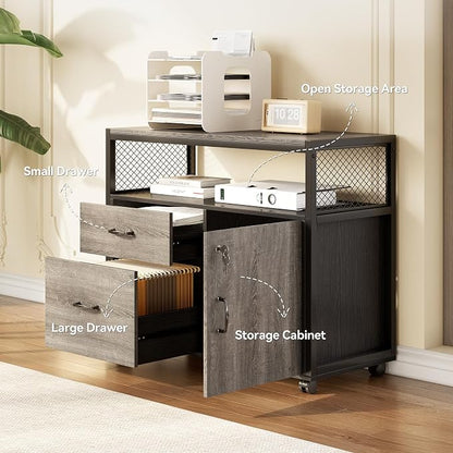 LITTLE TREE 55" Executive Computer Desk and Lateral File Cabinet, L-Shaped Office Desk for Home Office, Furniture Set, Grey