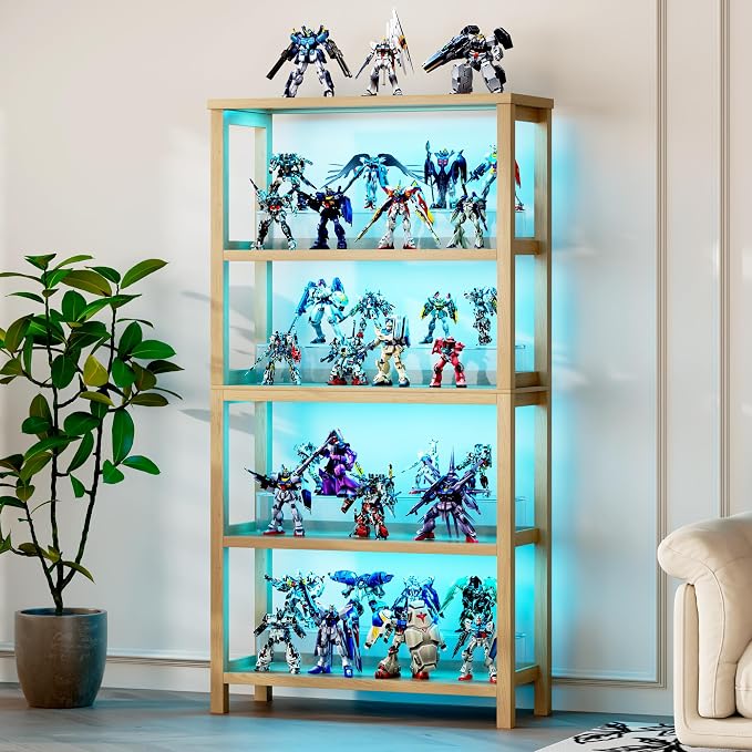 Vlsrka Wooden Bookshelf with Lights, 5 Tier Bookshelf with Storage, Tall Bookcase with Open Shelves, Standing Bookshelves Display Rack for Living Room, Home Office, Brown