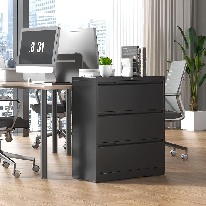 Lateral File Cabinet 3 Drawer, Metal File Cabinet with Lock | Filing Cabinets for Home Office, Black Locking Deep Drawer for Hanging Files Letter/Legal/A4/F4 Size, Assembly Required