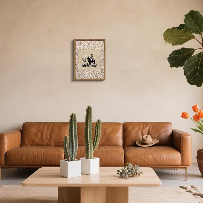 Western Cowboy Wall Art - Framed Canvas Cactus Poster for Living Room & Entryway, Vintage Horse Silhouette in Wood Frame, Rustic Floral Border Print, Farmhouse Decor 12x16 inch