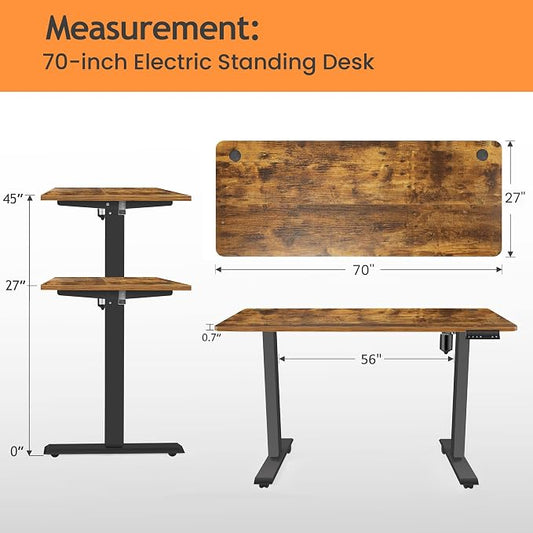 70'' x 27'' Electric Standing Desk Adjustable Height with Charging Station, Wheels, 2 USB Ports, 3 Power Outlets, 27''-46'' Lifting Range Stand up Desk for Home Office(Brown)