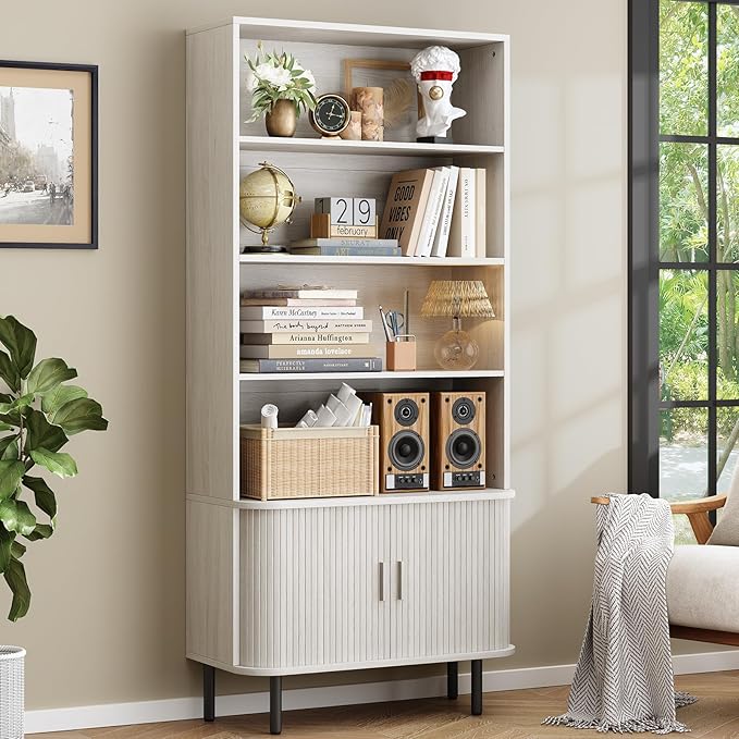 ONBRILL 71" Tall Bookshelf, 4-Tier Bookcase with Storage Cabinet & Adjustable Shelves, Freestanding Wood Bookshelf with Sliding Door and Adjustable Footpad, for Home Office, Living Room, Natural White