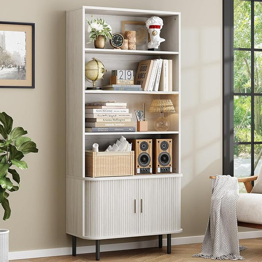 ONBRILL 71" Tall Bookshelf, 4-Tier Bookcase with Storage Cabinet & Adjustable Shelves, Freestanding Wood Bookshelf with Sliding Door and Adjustable Footpad, for Home Office, Living Room, Natural White