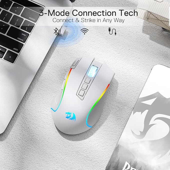 Redragon M612 PRO RGB Gaming Mouse, 8000 DPI Wired/Wireless Optical Mouse with 9 Programmable Buttons & 6 Backlit Modes, BT & 2.4G Wireless, Software Supports, White