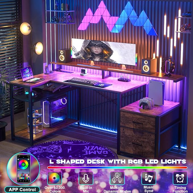 Aheaplus L Shaped Desk with File Drawer, Reversible L Shaped Computer Desk Gaming Desk with Power Outlet & LED Strip, Home Office Desk Corner Desk with Monitor Shelf, Storage Shelves, Rustic Brown