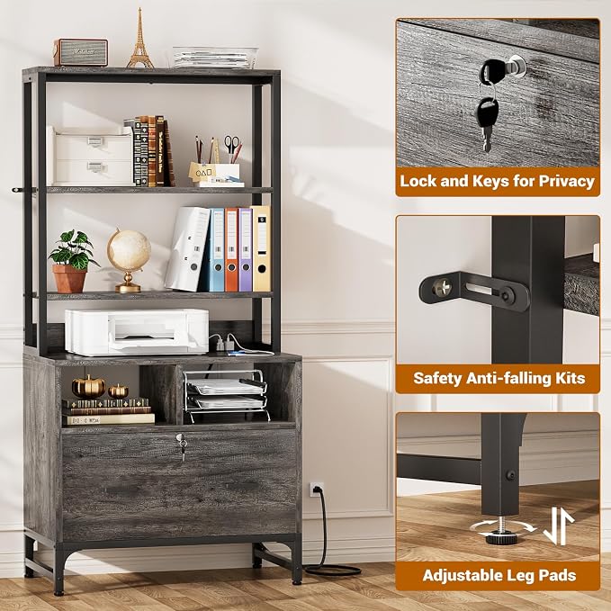 Homieasy File Cabinet with Charging Station, Vertical Filing Cabinet with Lock & Large Drawer, Printer Stand with Storage Shelves, Office Storage Cabinet fits Letter/A4/Legal Size, Grey