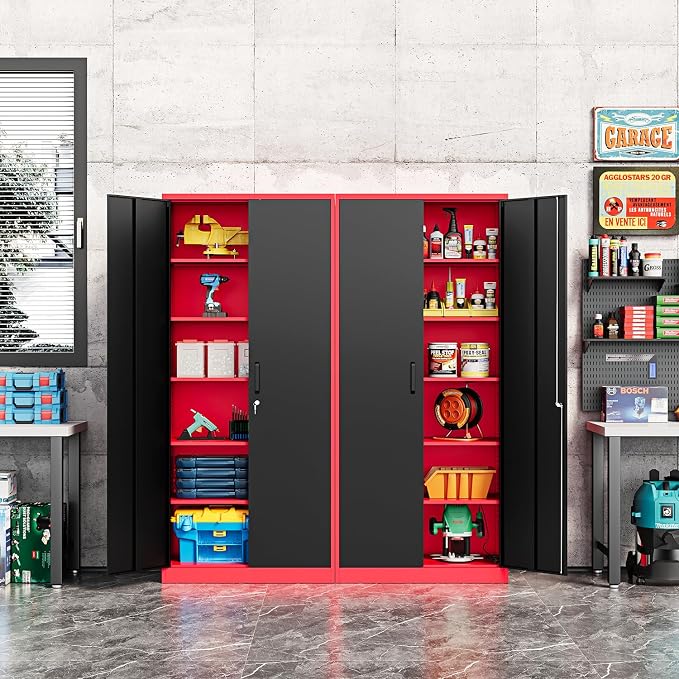 Fesbos Metal Storage Cabinet-71” Tall Steel File Cabinets with Lockable Doors and Adjustable Shelves-Black&Red Steel Storage Cabinet for Home, School, Office, Garage