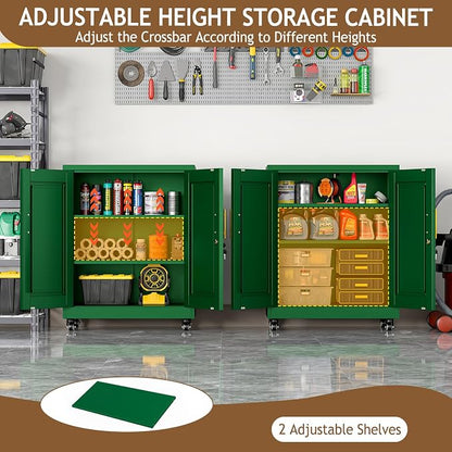 pozdeg 35" Metal Storage Cabinet with Lock and Wheels, Lockable Office File Cabinet with 2 Doors and 2 Adjustable Shelves, Rolling Steel Tool Garage Cabinets for Home Office (Green)