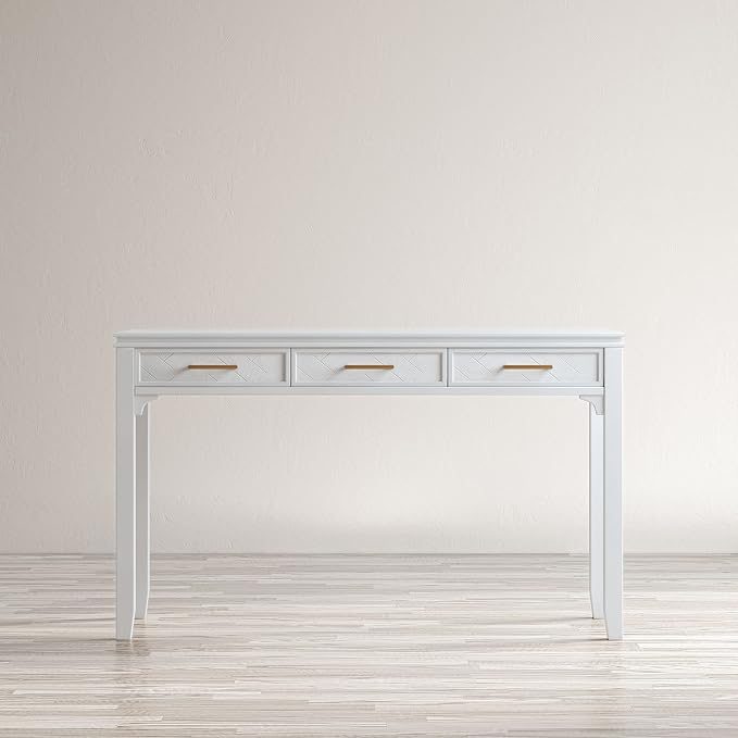 Jofran Mid-Century Modern Acacia Wood Writing Desk with 3 Drawers and USB Charging Port, 48 Inch Computer Desk for Home Office Work, Blanc