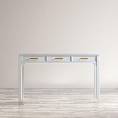 Jofran Mid-Century Modern Acacia Wood Writing Desk with 3 Drawers and USB Charging Port, 48 Inch Computer Desk for Home Office Work, Blanc