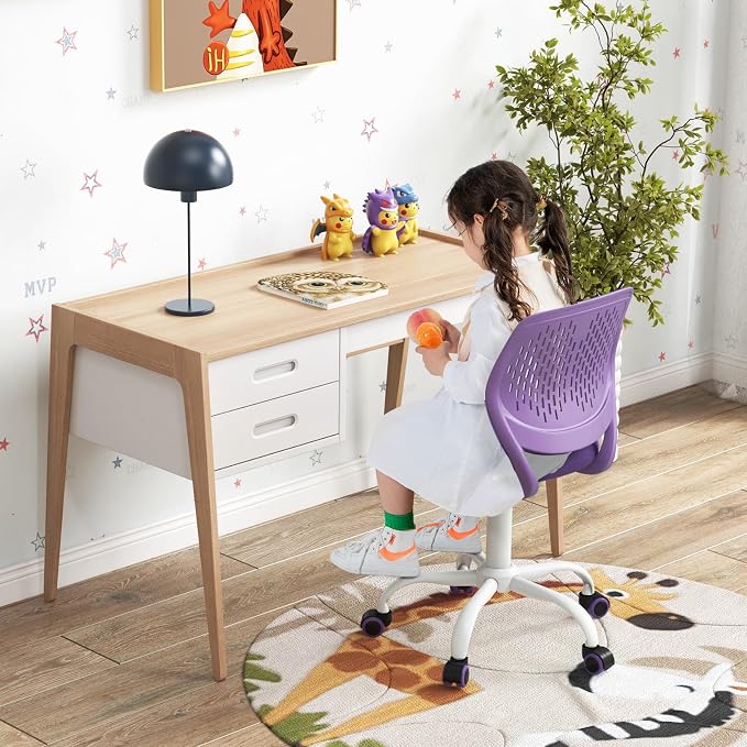 POWERSTONE Small Home Office Desk Chair, Swivel Rolling Study Computer Chair, Adjustable Height Task Chair with Armless Mid Back, Upholstered Mesh Seat, Purple