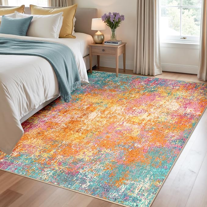 RELEANY Washable Area Rugs 4'x6' Non-Slip Modern Abstract Soft for Living Room Entryway Bedroom Kitchen, Print Pattern, Orange Blue Pink Yellow Colorful