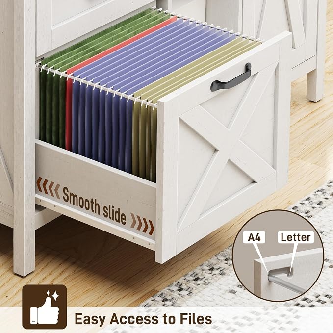 Halitaa 3 Drawer File Cabinet, Farmhouse Style Lateral Filing Cabinet Suitable for Letter or A4 Size Files, Wooden Home Office Storage with Adjustable Shelf and Printer Stand, White and Brown