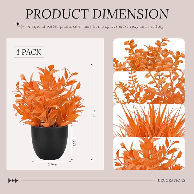 Der Rose Fall Fake Plants 4 Packs Artificial Plants Small Faux Plants Black Bathroom Accessories Fall Decorations for Home Bathroom Home Office Desk Fall Decor Indoor