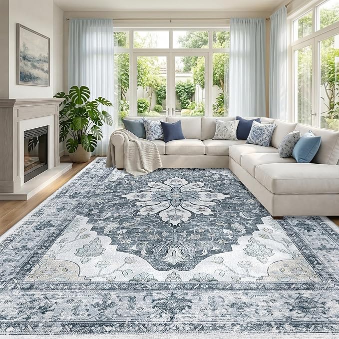 RELEANY Area Rugs Large 10'x12' Washable Non-Slip, Floral Vintage Distress Medallion Carpet for Living Room Bedroom Dining Room, Light Gray Grey White