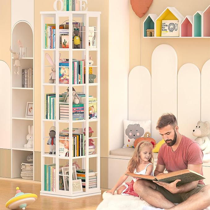 Aheaplus Rotating Bookshelf, Corner Bookcase, 360 Display Wood Spinning Bookshelves, Floor Standing Bookcases Narrow Shelf, 5 Tiers, White