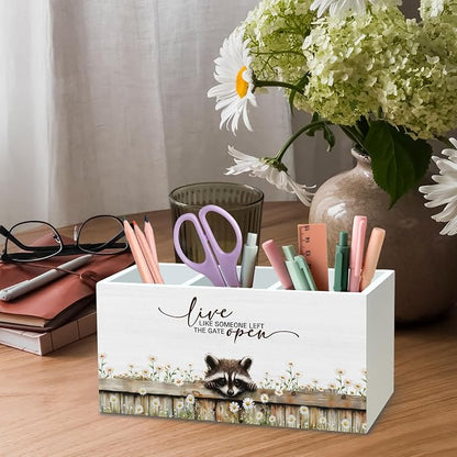 DILSJ Raccoon Inspirational Pen Pencil Holder Organizer For Desk, Raccoon Gifts, Rustic Floral Live Like Someone Left The Gate Open Wooden Box Signs For Home Office Desk Tabletop Decoration