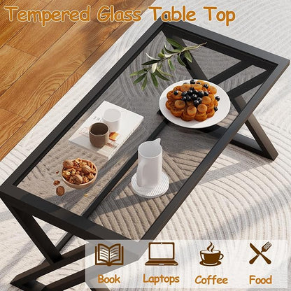 Wolawu Coffee Table Grey Glass Coffee Table for Living Room,Modern Rectangular Center Table with Sturdy Metal Frame,Tempered Glass Tables for Bedroom Home Office