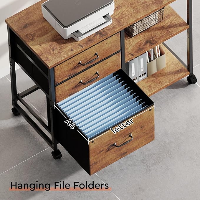 Maihail 3 Drawer File Cabinet with Wheels Rolling Printer Stand with Open Storage Shelf Fabric Lateral Filing Cabinet for Home Office,Rustic Brown2