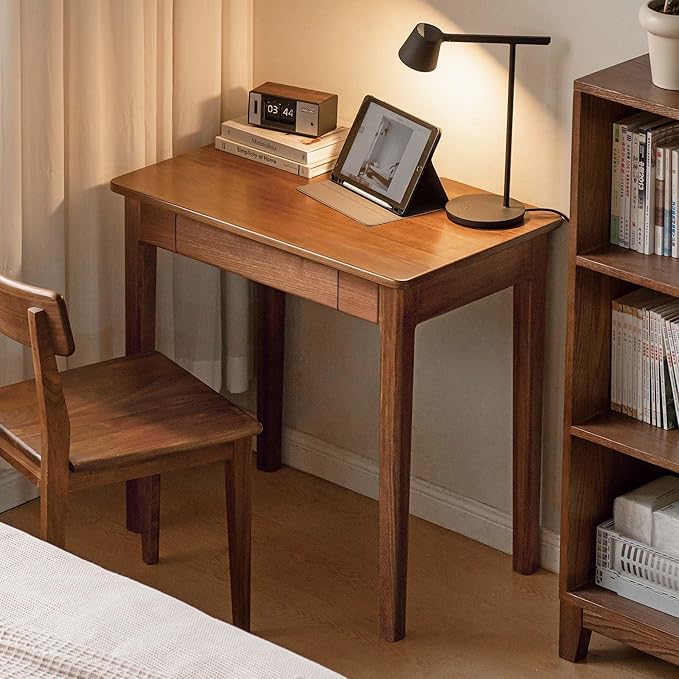 Walnut Solid Wood Desk, Mid-Century Modern Home Office Computer Desk with Drawers, Writing Table for Study, Bedroom & Workstation 31.49" W
