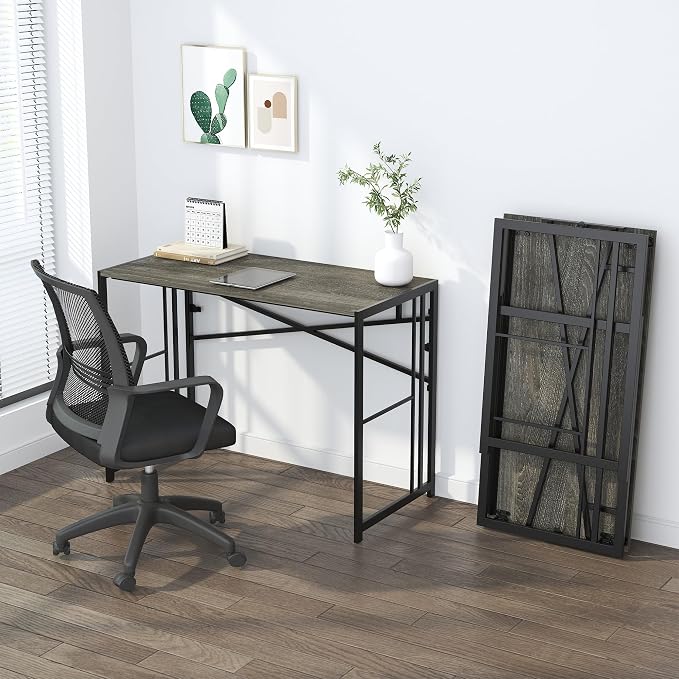 Lutown-Teen 40 inch Folding Desk, Writing Gaming Computer Camping Desk, No Assembly Required Home Office Table, Black Oak