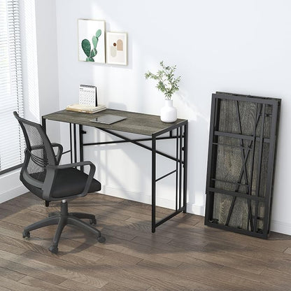 Lutown-Teen 35 inch Narrow Folding Desk, Writing Gaming Computer Camping Desk for Small Spaces, No Assembly Required Home Office Table, Black Oak