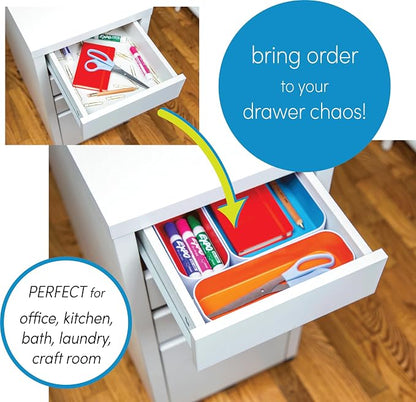 Three by Three Seattle 5 Piece Metal Organizer Tray Set for Storing Makeup, Stationery, Utensils, and More in Office Desk, Kitchen and Bathroom Drawers (2 Inch, Assorted Colors, Stripes)
