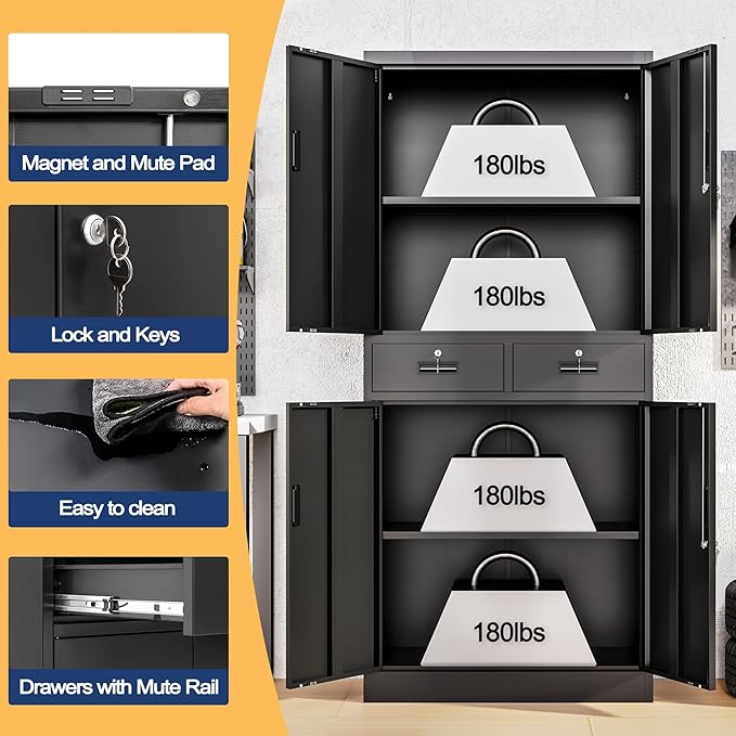 Wanfu Metal Storage Cabinet, 71" Locking Storage Cabinet with Adjustable Shelves and 2 Drawers, Steel Cabinets for Office, Garage, Home, School, Utility Room(Black)