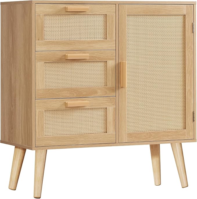 TEENFON Storage Cabinet with Rattan Door & 3 Drawers, Rattan Cabinet with Adjustable Shelf, Sideboard Buffet Cabinets with Storage, Entryway Cabinets, for Living Room, Dining Room, Entryway, Natural