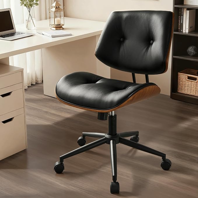 ovios Home Office Chair with Wheels, Modern PU Leather Swivel Computer Desk Chair, Mid Back Adjustable Height Armless Walnut Chairs for Office (Black Button)