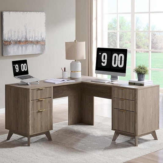 T4TREAM 60'' Fluted Executive L Shaped Desk, Modern Home Office Desk with Charging Station and File Drawer, Computer Corner Desks with Drawers & Storage Cabinet for Office Home, Bedroom, Alder Grey