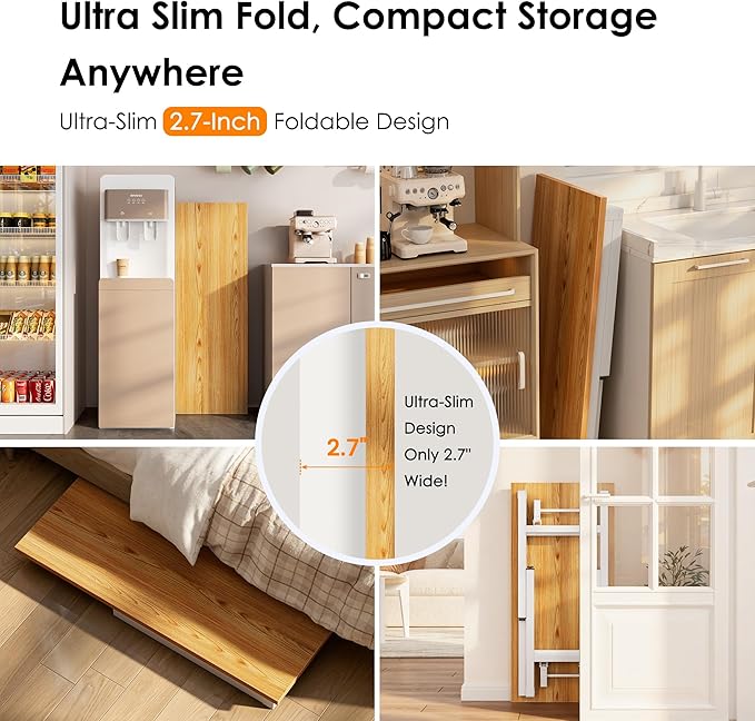 Need 35.8 Inch Folding Desk for Small Spaces, Home Office Computer Desk with Teak Wood Top & White Frame, Foldable Writing Table for Study, Bedroom, Dorm Room & Student