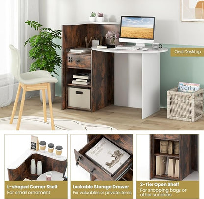 Giantex Reception Desk, Front Counter Desk with Lockable Drawer, Checkout Table with Round Tabletop, Corner Shelf & Adjustable Shelf for Office Beauty Salon Retail Store (Brown & White)