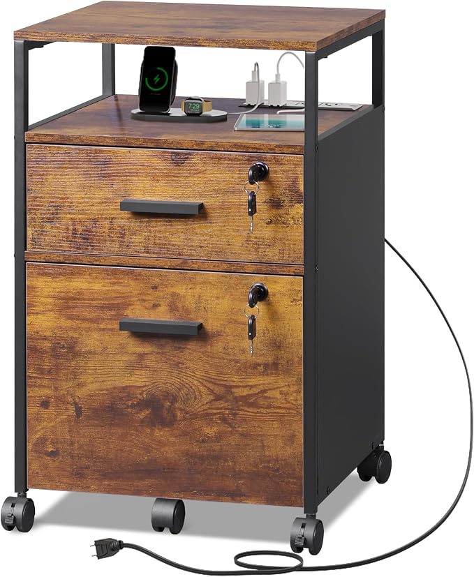 DEVAISE 2 Drawer File Cabinet with Lock, Charging Station & Adjustable Shelf, Rustic Wood Filing Cabinet, Mobile Printer Stand for A4/Letter Size Home Office, Brown