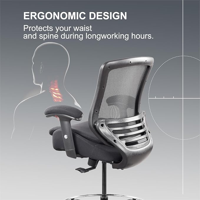 400lbs Office Drafting Chair Wide Dual Seat Cushion for High Standing Desk with Lumbar Support and Enlarged Adjustable Footrest-Black