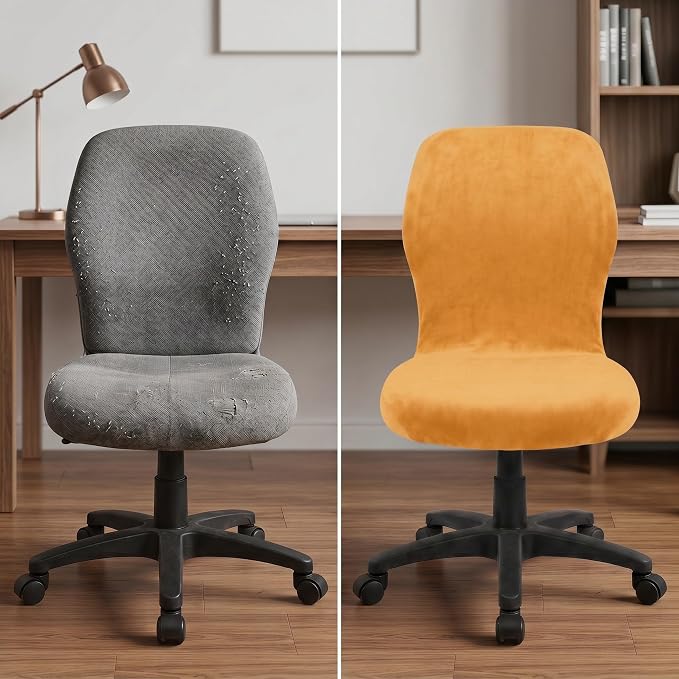 Deisy Dee Velvet Stretch Armless Office Chair Covers - Colorful Stretch Slipcover for Desk Chairs (Golden Yellow)